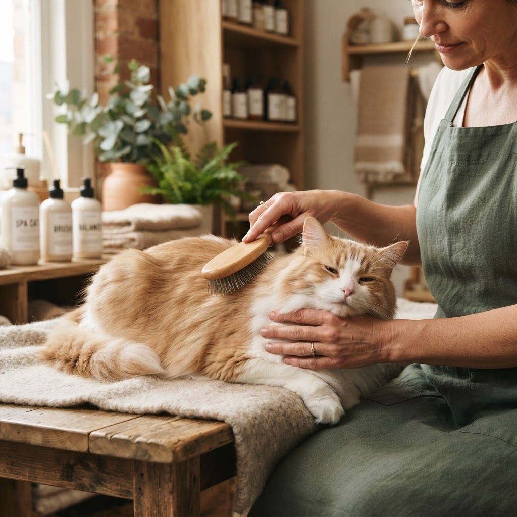 Long-haired cat being gently brushed by a Kettle Zone Park groomer