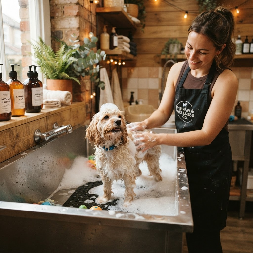 Small fluffy dog enjoying a bubble bath at Kettle Zone Park