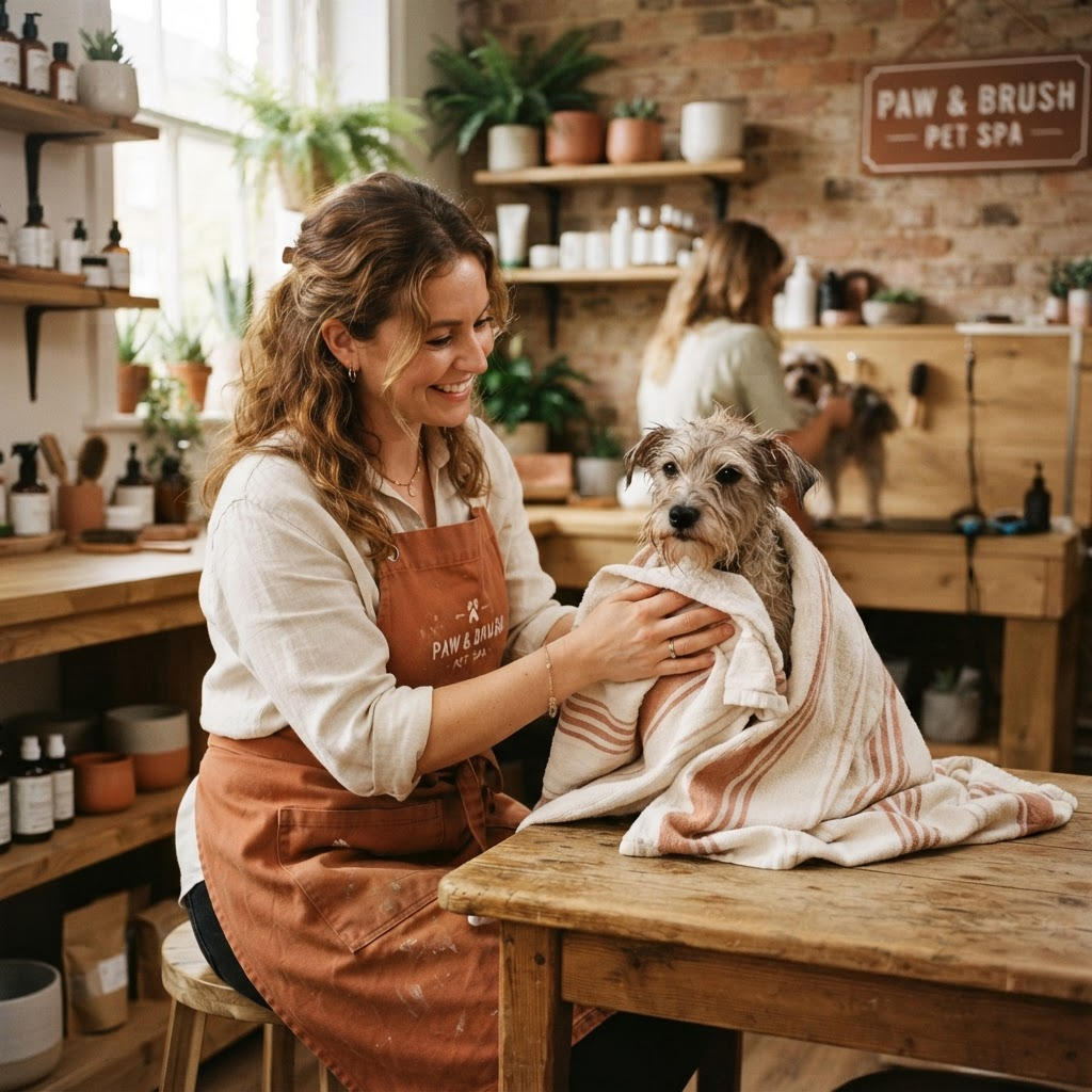 Kettle Zone Park groomer drying a small dog with a towel