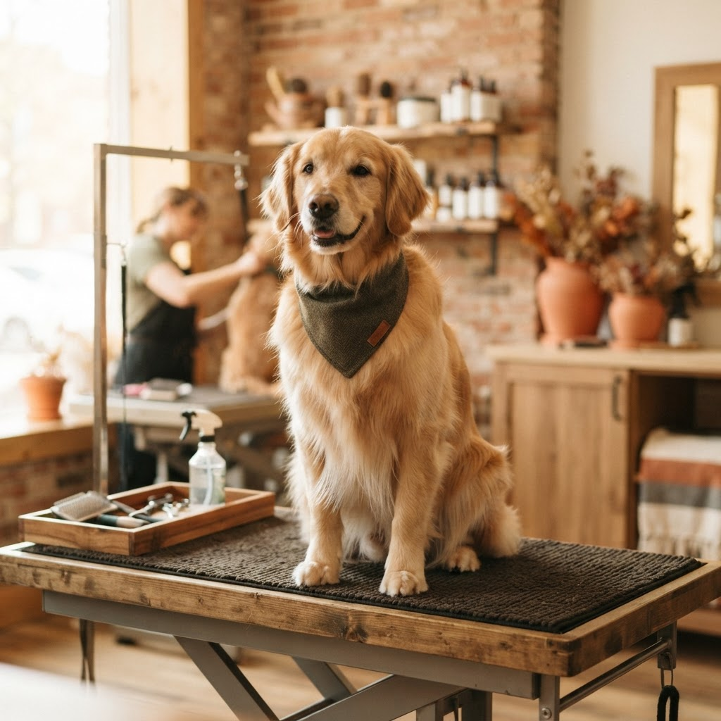 A calm, freshly groomed golden retriever sitting on a grooming table at Kettle Zone Park