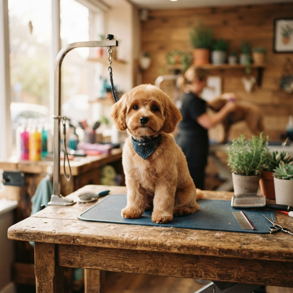 Puppy with a neat trim sitting on the grooming table